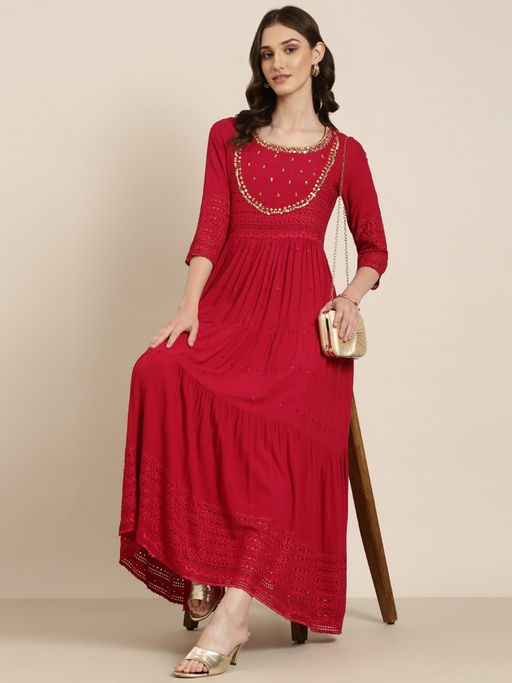Buy SHOWOFFFF Womens Round Neck Maxi Solid Maroon Fit and Flare Dress Online