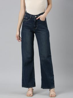 SHOWOFFFF - Womens Mid Rise Low Distress Non Stretchable Navy Blue Wide Leg Jeans