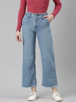 SHOWOFFFF - Womens High Rise Non Stretchable Regular Blue Wide Leg Jeans