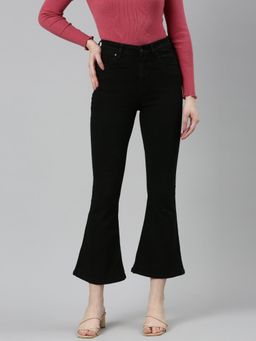 SHOWOFFFF - Womens High Rise Mildly Distressed Stretchable Black Bootcut Jeans