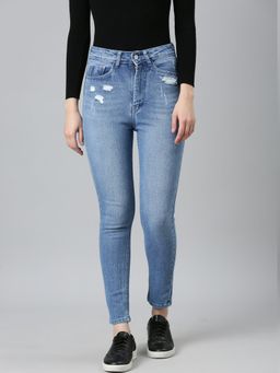SHOWOFFFF - Womens High Rise Mildly Distressed Stretchable Blue Slim Fit Jeans