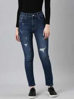 SHOWOFFFF - Womens High Rise Mildly Distressed Stretchable Blue Regular Fit Jeans