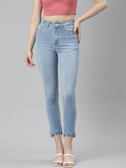 SHOWOFF - Womens High Rise Stretchable Cropped Blue Jeans