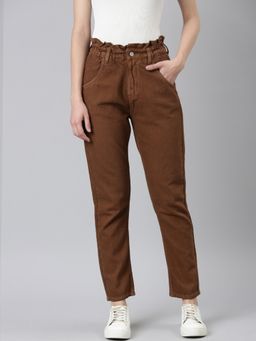 SHOWOFF - Womens High Rise Clean Look Non Stretchable Camel Brown Regular Fit Jeans