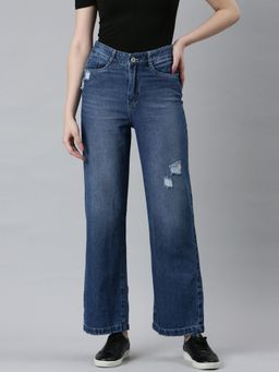 SHOWOFFFF - Womens High Rise Non Stretchable Regular Blue Wide Leg Jeans