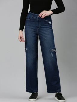 SHOWOFF - Womens High Rise Non Stretchable Regular Navy Blue Straight Fit Jeans