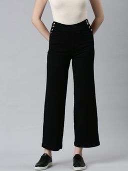 SHOWOFF - Womens High Rise Stretchable Regular Black Wide Leg Jeans