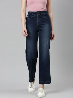 SHOWOFF - Womens High Rise Stretchable Regular Navy Blue Wide Leg Jeans