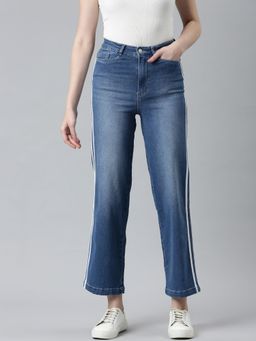 SHOWOFF - Womens High Rise Stretchable Regular Blue Wide Leg Jeans
