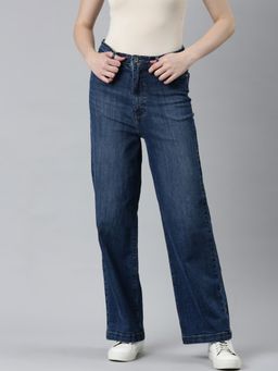 SHOWOFFFF - Womens High Rise Stretchable Regular Navy Blue Wide Leg Jeans