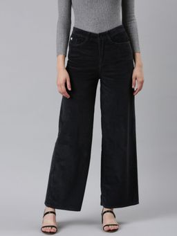SHOWOFF - Womens High Rise Solid Grey Straight Fit Pants