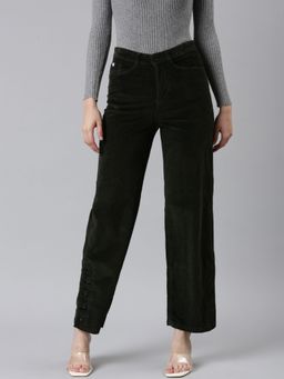 SHOWOFFFF - Womens High Rise Solid Black Straight Fit Pants