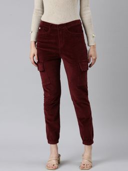 SHOWOFFFF - Womens High Rise Solid Burgundy Slim Fit Pants