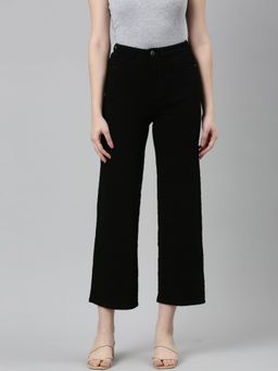 SHOWOFFFF - Womens High Rise Stretchable Regular Black Wide Leg Jeans