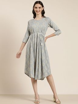 SHOWOFF - Womens Round Neck Printed Three Quarter Sleeves Empire Grey Knee Length Dress