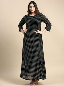 SHOWOFF - Womens Round Neck Regular Sleeves Black Polka Dots A-Line Dress