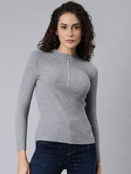 SHOWOFFFF - Womens High Neck Solid Grey Fitted Regular Top