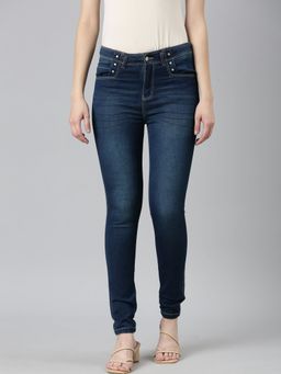 SHOWOFFFF - Womens Mid Rise Stretchable Cropped Navy Blue Slim Fit Jeans