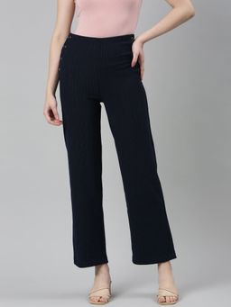 SHOWOFF - Womens High Rise Solid Navy Blue Straight Fit Trouser