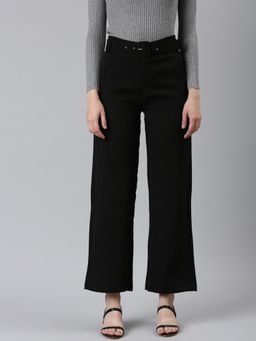SHOWOFF - Womens High Rise Solid Black Straight Fit Trouser