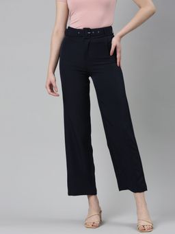 SHOWOFF - Womens High Rise Solid Navy Blue Straight Fit Trouser