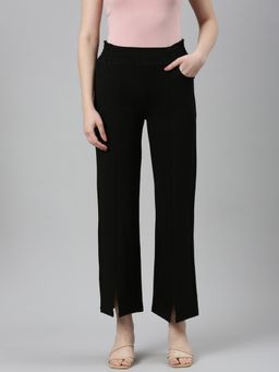 SHOWOFF - Womens High Rise Solid Black Straight Fit Trouser