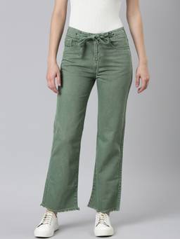 SHOWOFFFF - Womens Mid Rise Non Stretchable Regular Green Straight Fit Jeans