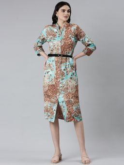 SHOWOFF - Womens Mandarin Collar Printed A-Line Blue Midi Dress (Set of 2)