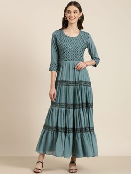 SHOWOFF - Womens Round Neck Maxi Teal Fit and Flare Dress