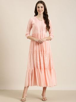 SHOWOFF - Womens Round Neck Embellished Three Quarter Sleeves Empire Peach Maxi Dress