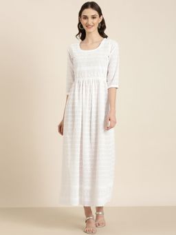 SHOWOFF - Womens Round Neck Embroidered Empire White Maxi Dress