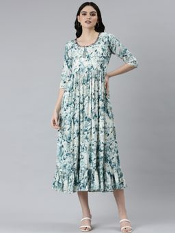 SHOWOFF - Womens Midi Round Neck Dyed Teal Fit and Flare Dress