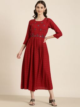 SHOWOFF - Womens Round Neck Midi Embroidered Maroon Fit and Flare Dress (Set of 2)
