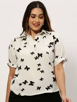 SHOWOFFFF - Women Shirt Collar Conversational White Regular Top