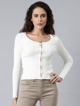 SHOWOFFFF - Womens Round Neck Solid Off White Fitted Regular Top
