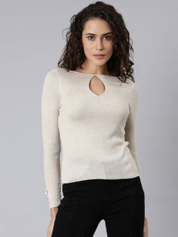 SHOWOFFFF - Womens Solid Cream Regular Top