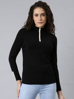 SHOWOFFFF - Womens High Neck Solid Black Fitted Regular Top