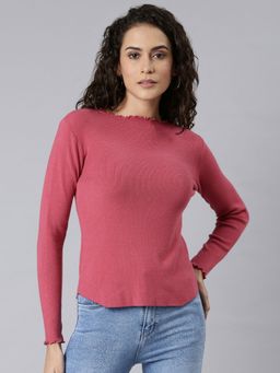 SHOWOFF - Womens Boat Neck Solid Pink Fitted Regular Top