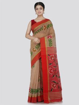 PinkLoom - Women's Cotton Blend Saree with Unstitched Blouse Piece, Beige