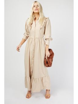 Trendyol - Beige Maxi Smock Dress with Frill Shoulder Detail (UK 8)