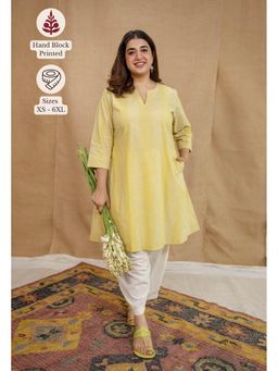 The Indian Ethnic Co. - Yellow A-Line Batik Cotton Hand Block Printed Kurta