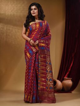 Arhi - Maroon Cotton Handwoven jamdhani Saree with Multicolor Designs and Motifs