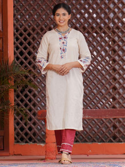 Zuri - Beige Floral Printed Cotton Kurta with Embroidered Pant - Set of 2