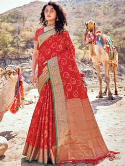 Odette - Womens Red Banarasi Silk Woven Design Saree with Unstitched Blouse