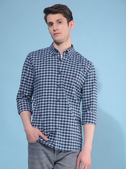 CRIMSOUNE CLUB - Men Blue Plain Checks Cotton Casual Shirt