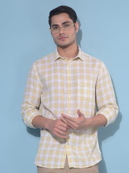 CRIMSOUNE CLUB - Men Yellow Tartan Checks Linen Casual Shirt
