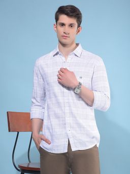 CRIMSOUNE CLUB - Men White Tartan Checks Cotton Casual Shirt