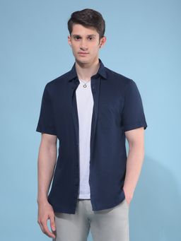 CRIMSOUNE CLUB - Men Navy Blue Cotton Casual Shirt