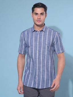 CRIMSOUNE CLUB - Men Grey Vertical Striped Cotton Casual Shirt