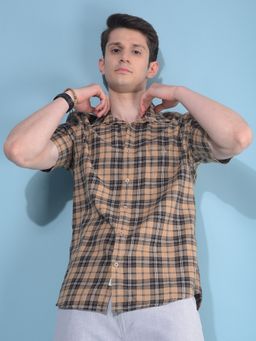 CRIMSOUNE CLUB - Men Brown Tartan Checks Cotton Casual Shirt